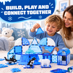 Parent et enfant construisant ensemble avec les Magnetic Tiles Frozen Constructions