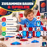 Eltern und Kind bauen gemeinsam mit den magnetischen Bausteinen Mission zum Mars