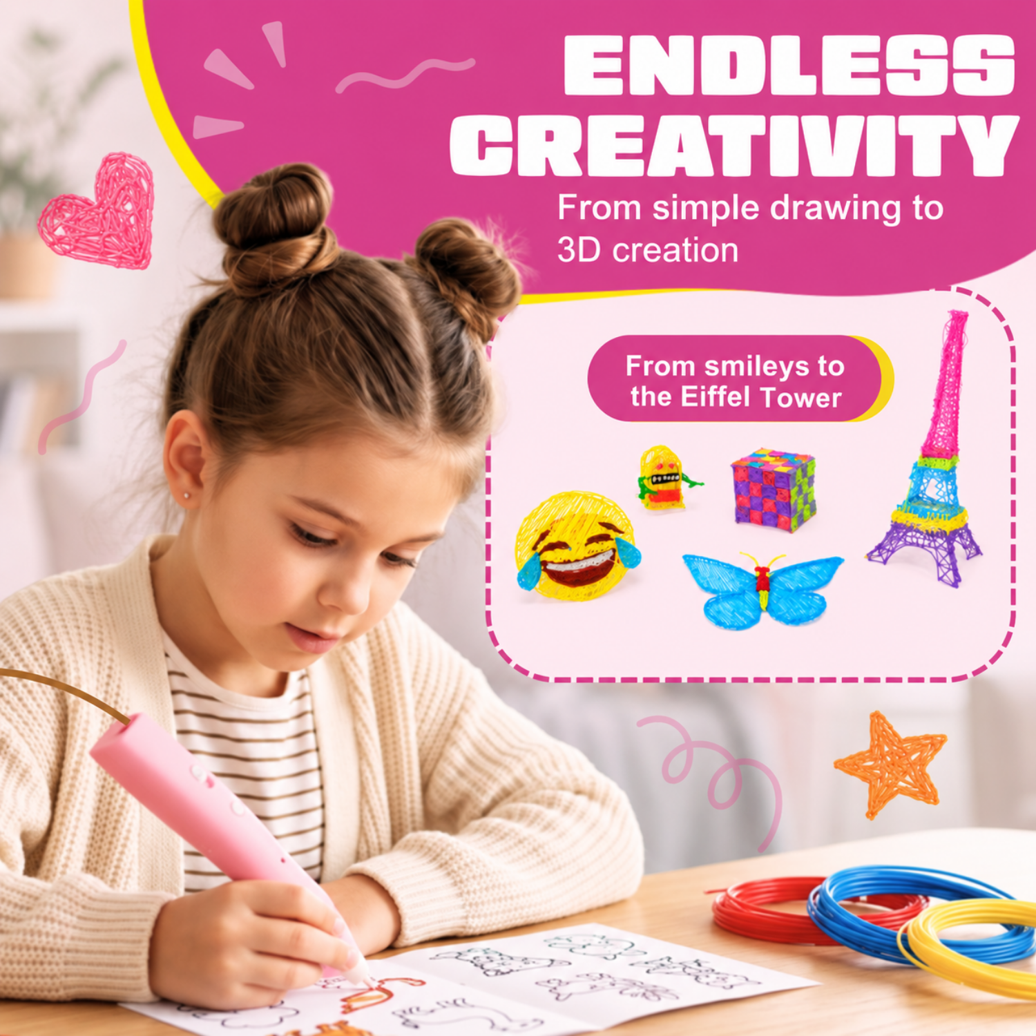 Endless creativity with the wireless 3D pen (pink): from flat drawing to 3D creation