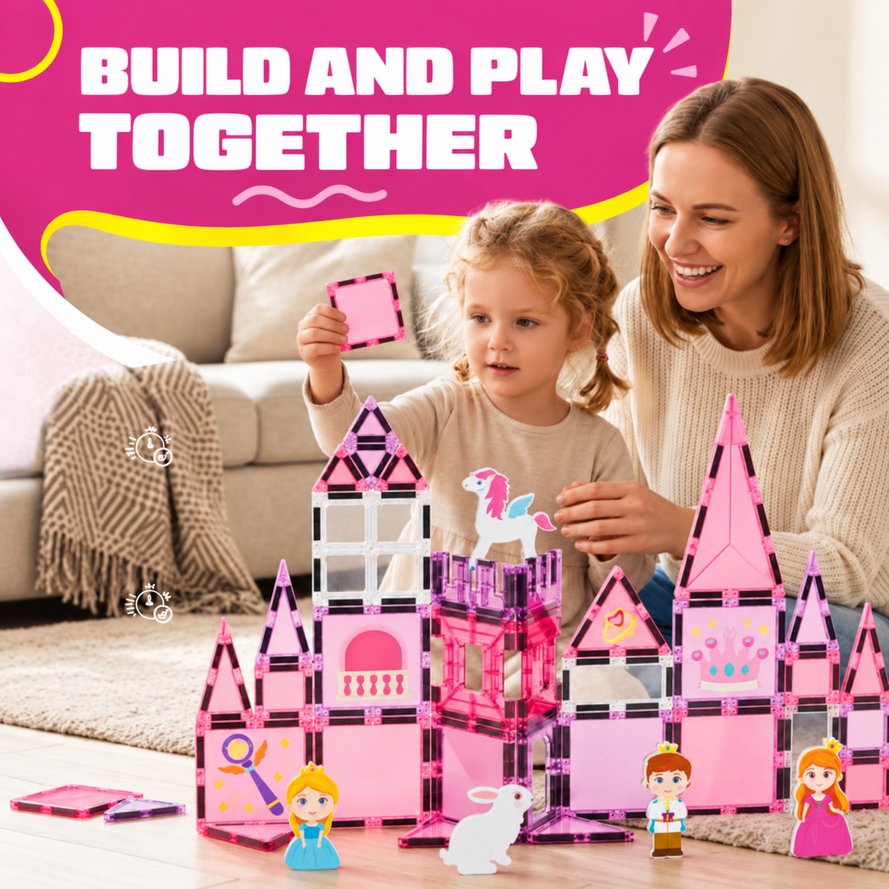 Elternteil und Kind bauen gemeinsam mit Magnetic Tiles Princess Paradise