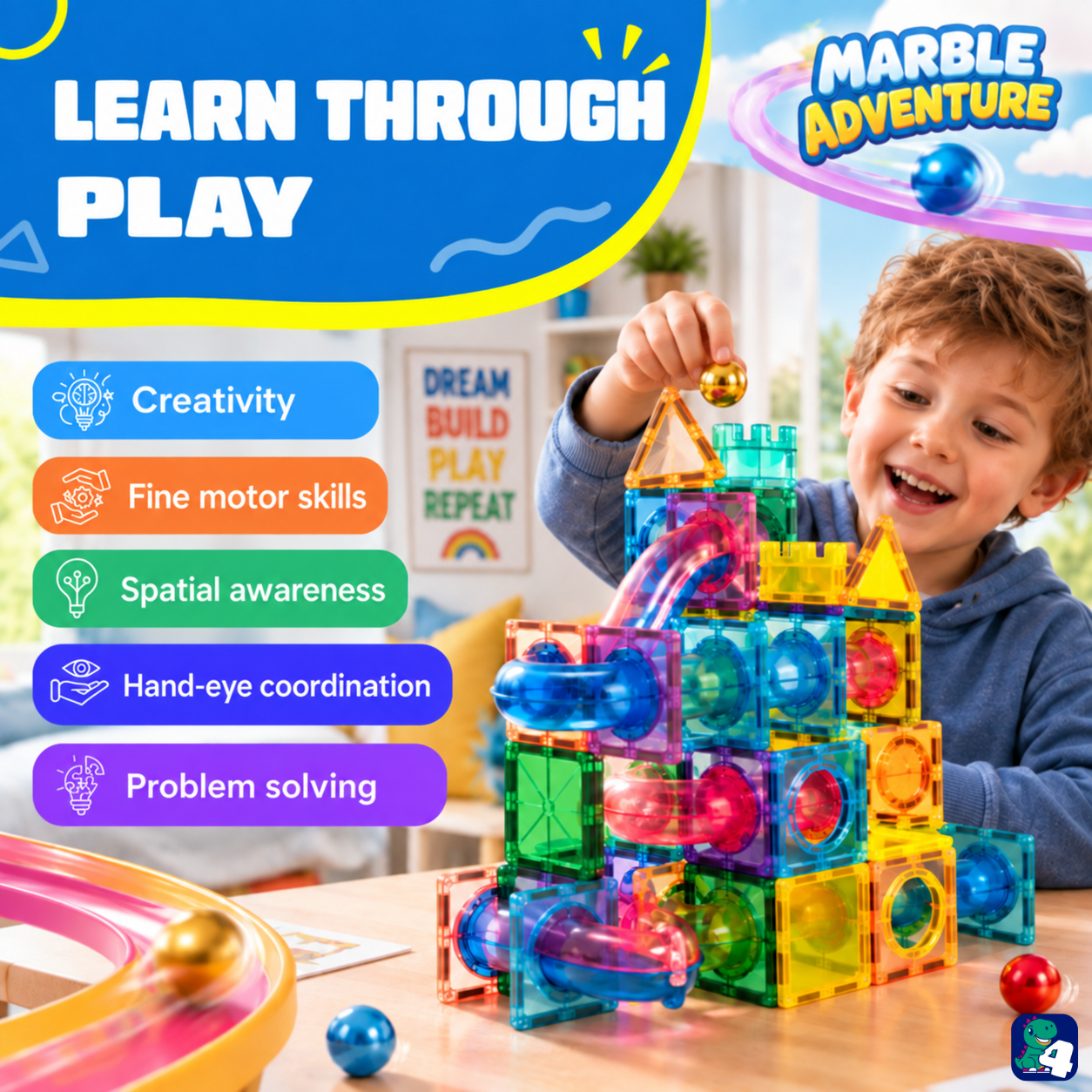 Kind spielt mit Magnetic Tiles Marble Adventure: gut für Kreativität, Feinmotorik und räumliches Vorstellungsvermögen