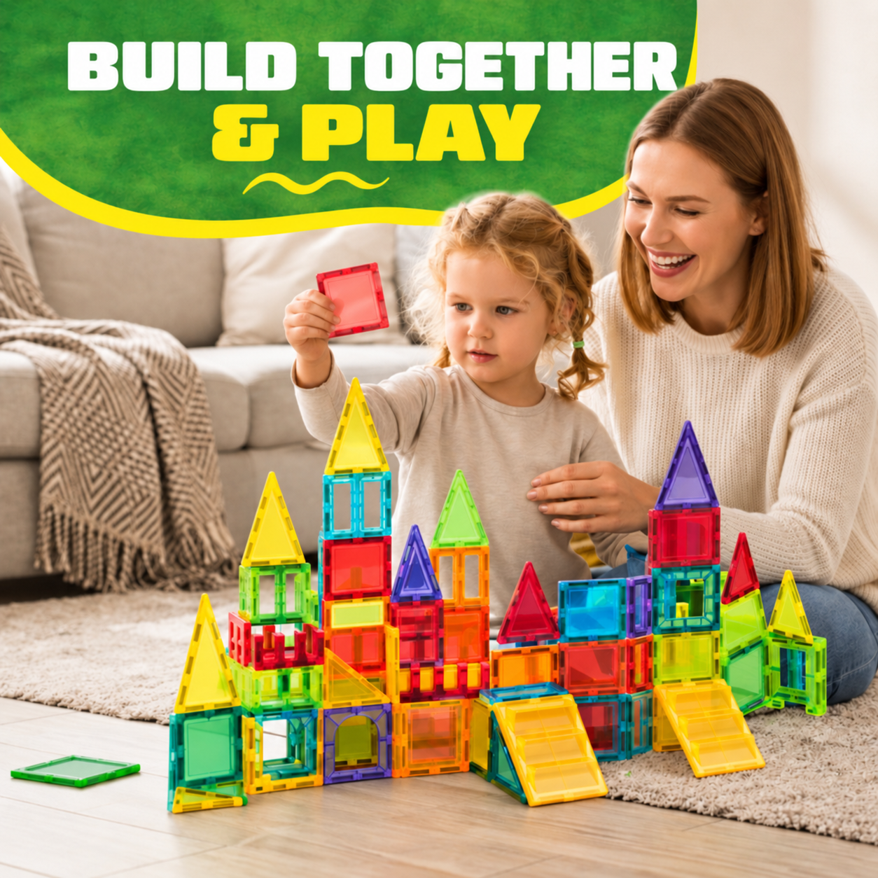 Eltern und Kind bauen gemeinsam mit Magnetic Tiles Build & Beyond