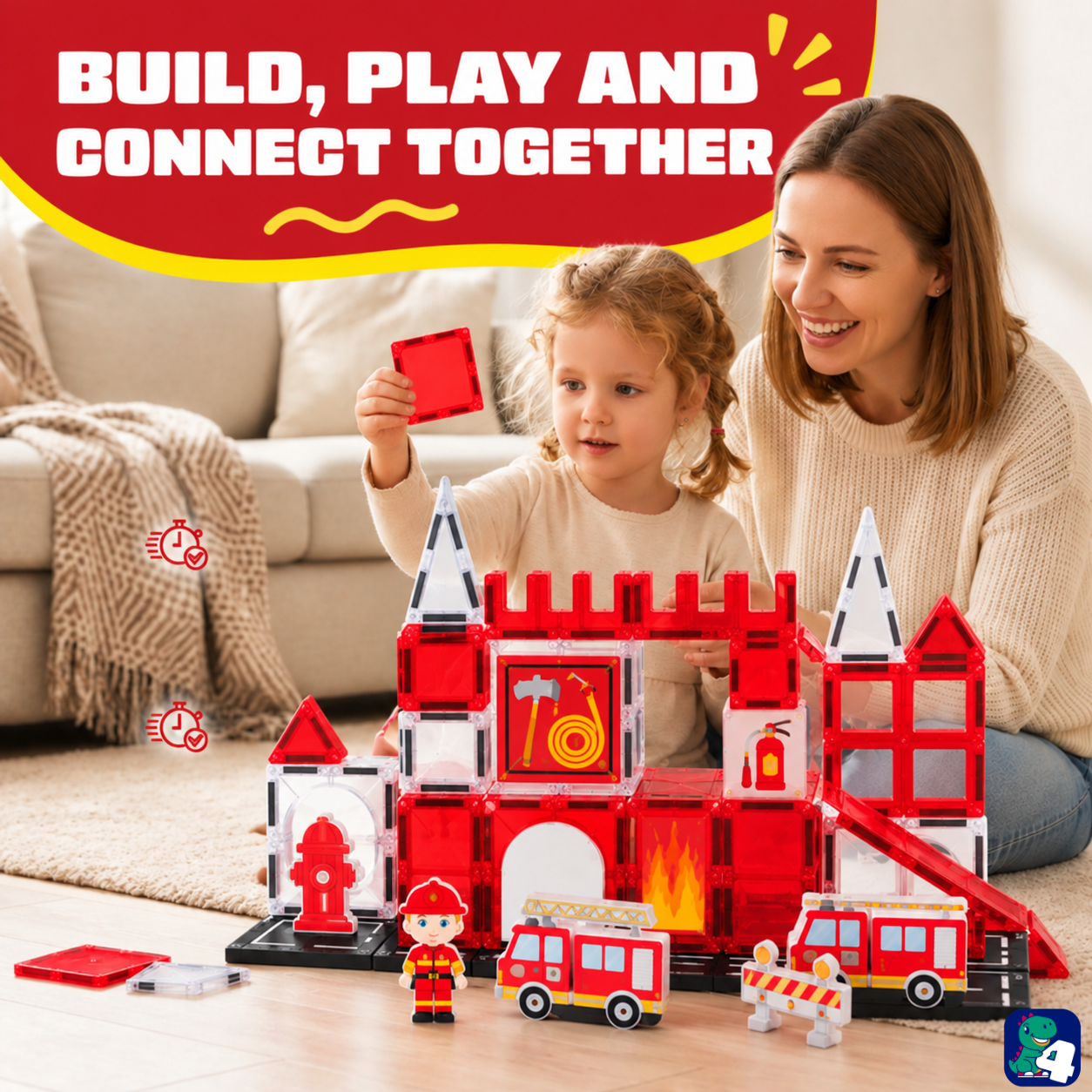 Eltern und Kind bauen gemeinsam mit Magnetic Tiles Fire Fighters