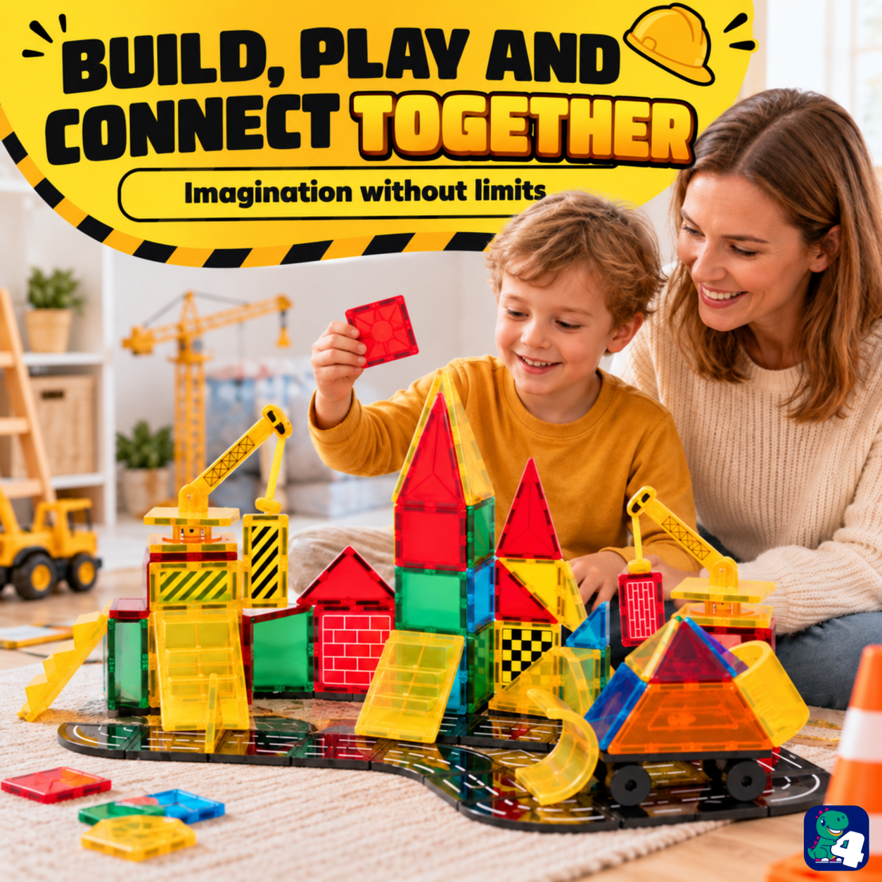 Elternteil und Kind bauen gemeinsam mit Magnetic Tiles Construction Master
