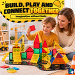 Elternteil und Kind bauen gemeinsam mit Magnetic Tiles Construction Master