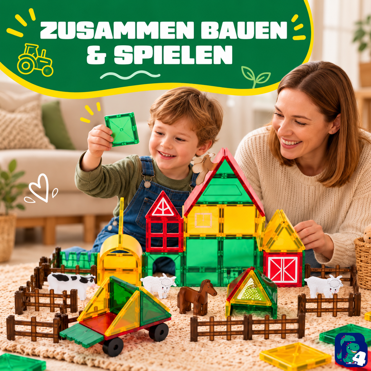 Eltern und Kind bauen gemeinsam mit den magnetischen Bausteinen Bauernhof-Chaos