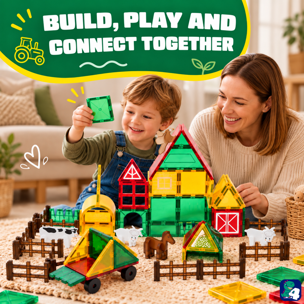 Elternteil und Kind bauen gemeinsam mit Magnetic Tiles Farmyard Frenzy