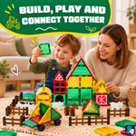 Elternteil und Kind bauen gemeinsam mit Magnetic Tiles Farmyard Frenzy