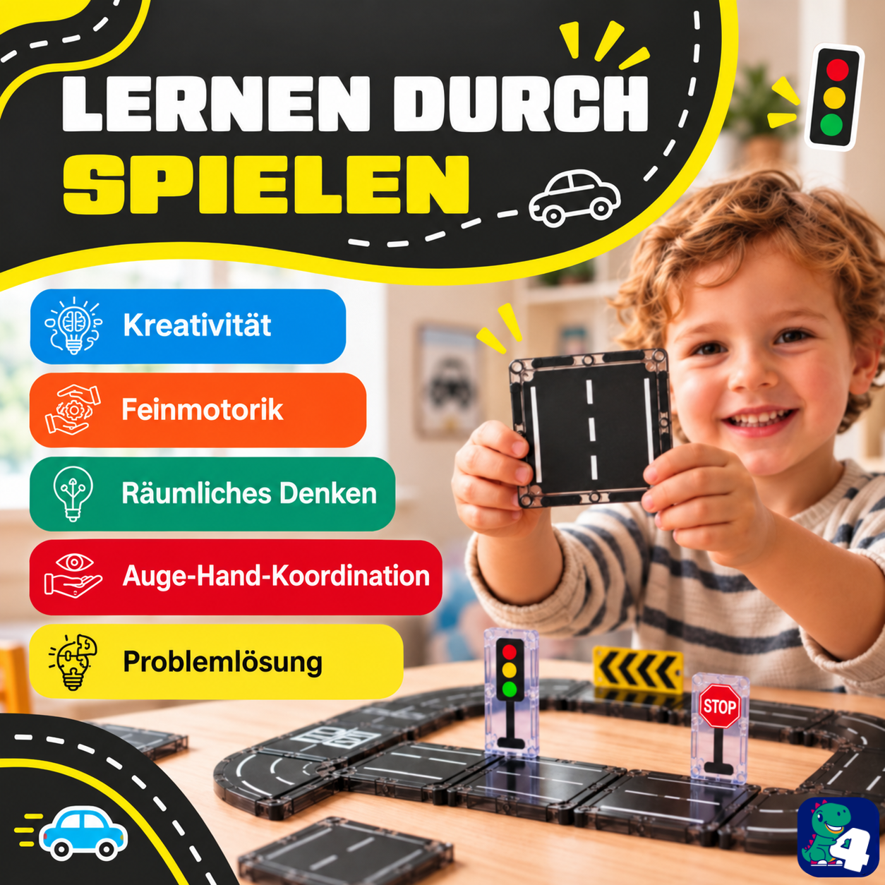 Kind spielt mit den magnetischen Bausteinen Road Trip Rally: gut für Kreativität, Feinmotorik und räumliches Denken