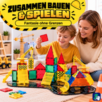 Eltern und Kind bauen gemeinsam mit den magnetischen Bausteinen Bau-Meister