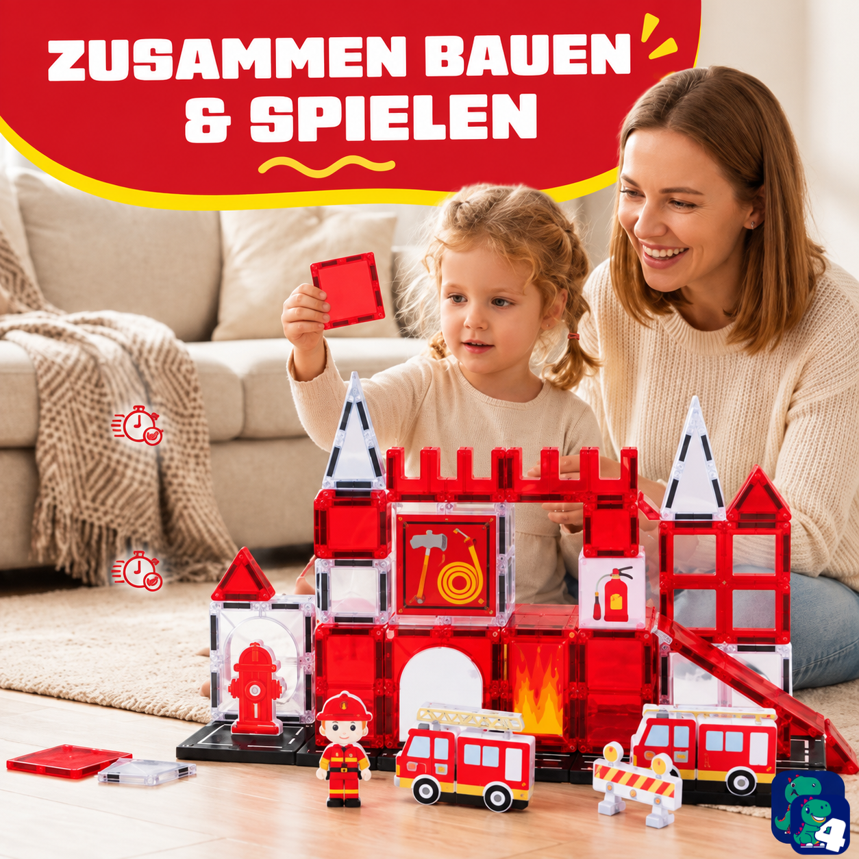 Eltern und Kind bauen gemeinsam mit den magnetischen Bausteinen Feuerwehr