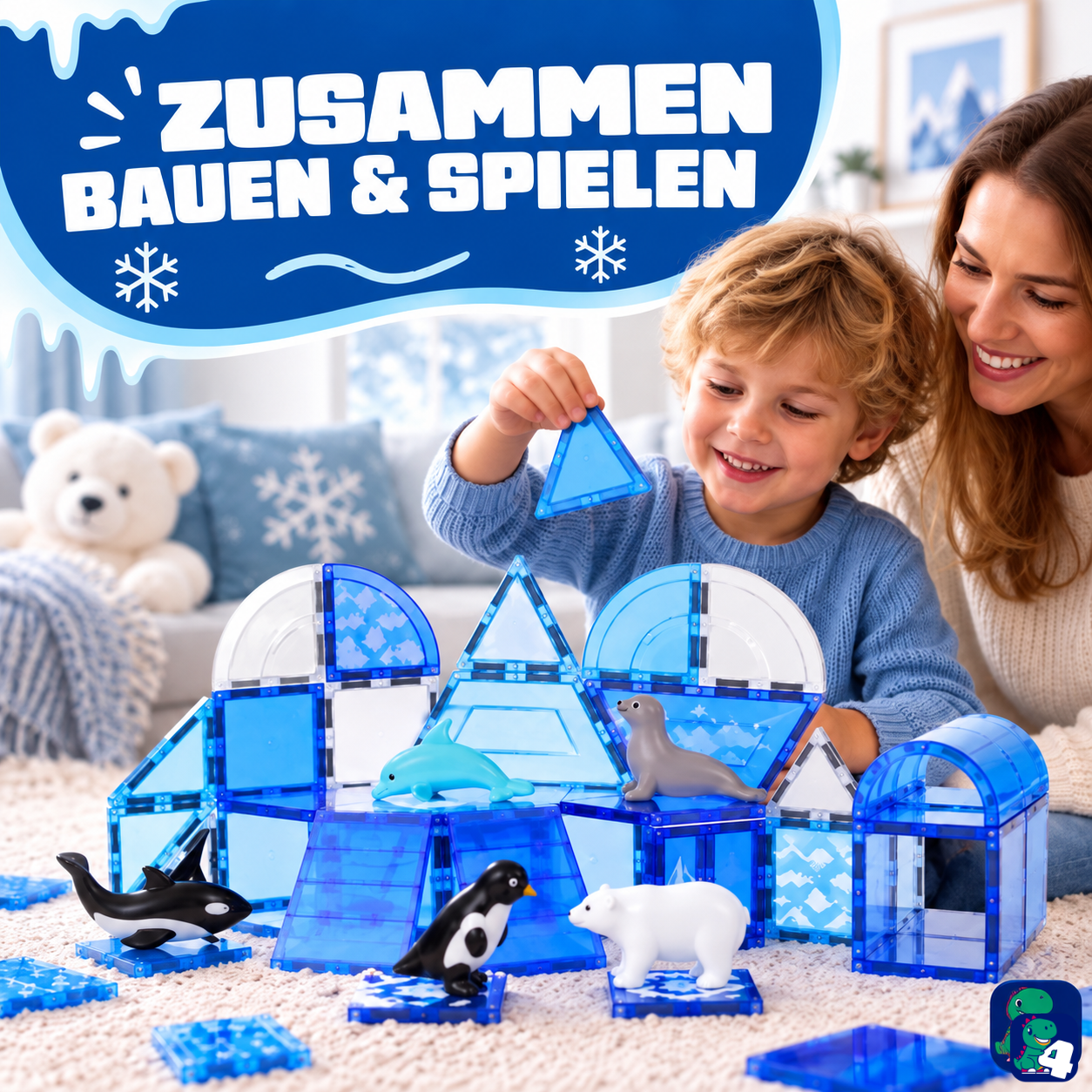 Eltern und Kind bauen gemeinsam mit den magnetischen Bausteinen Frozen Konstruktionen