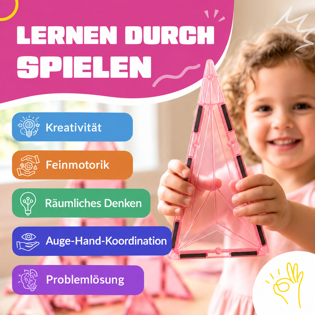 Kind spielt mit den magnetischen Bausteinen Prinzessinnenparadies: gut für Kreativität, Feinmotorik und räumliches Denken