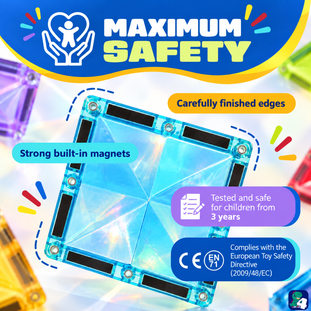 Sicherheit von Magnetic Tiles Kaleidoscopic Creations: eingeschlossene Magnete, abgerundete Kanten und CE-Kennzeichnung