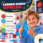 Kind spielt mit den magnetischen Bausteinen Mission zum Mars: gut für Kreativität, Feinmotorik und räumliches Denken
