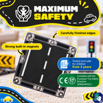Sicherheit von Magnetic Tiles Road Trip Rally: eingeschlossene Magnete, abgerundete Kanten und CE-Kennzeichnung