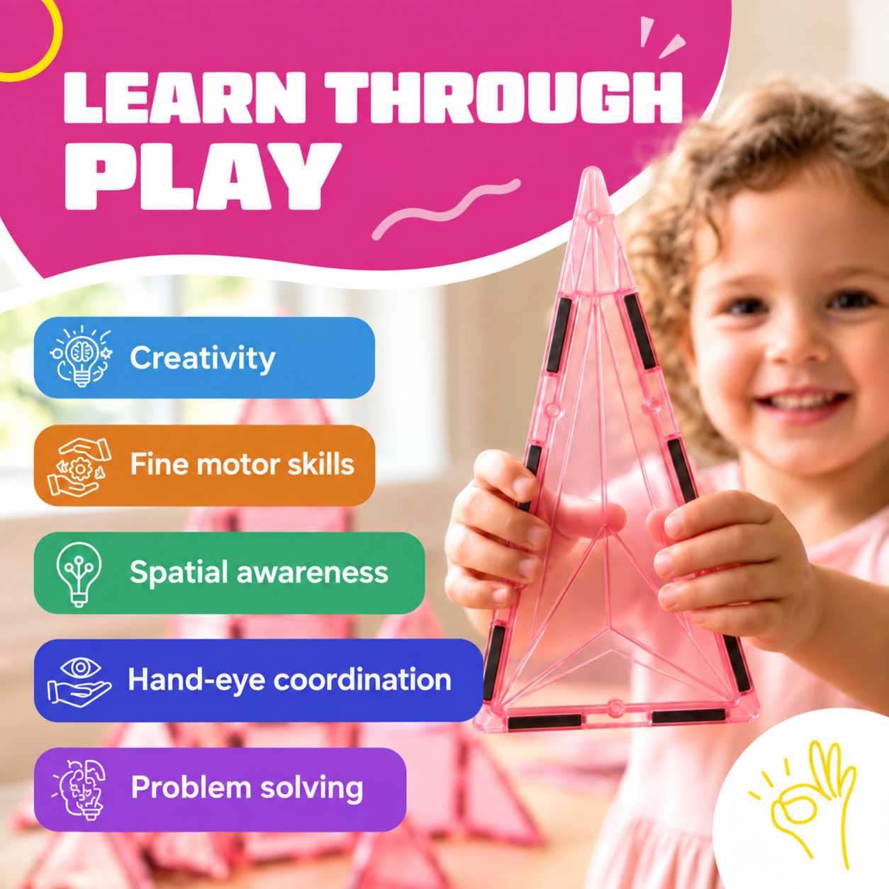 Kind spielt mit Magnetic Tiles Princess Paradise: gut für Kreativität, Feinmotorik und räumliches Vorstellungsvermögen
