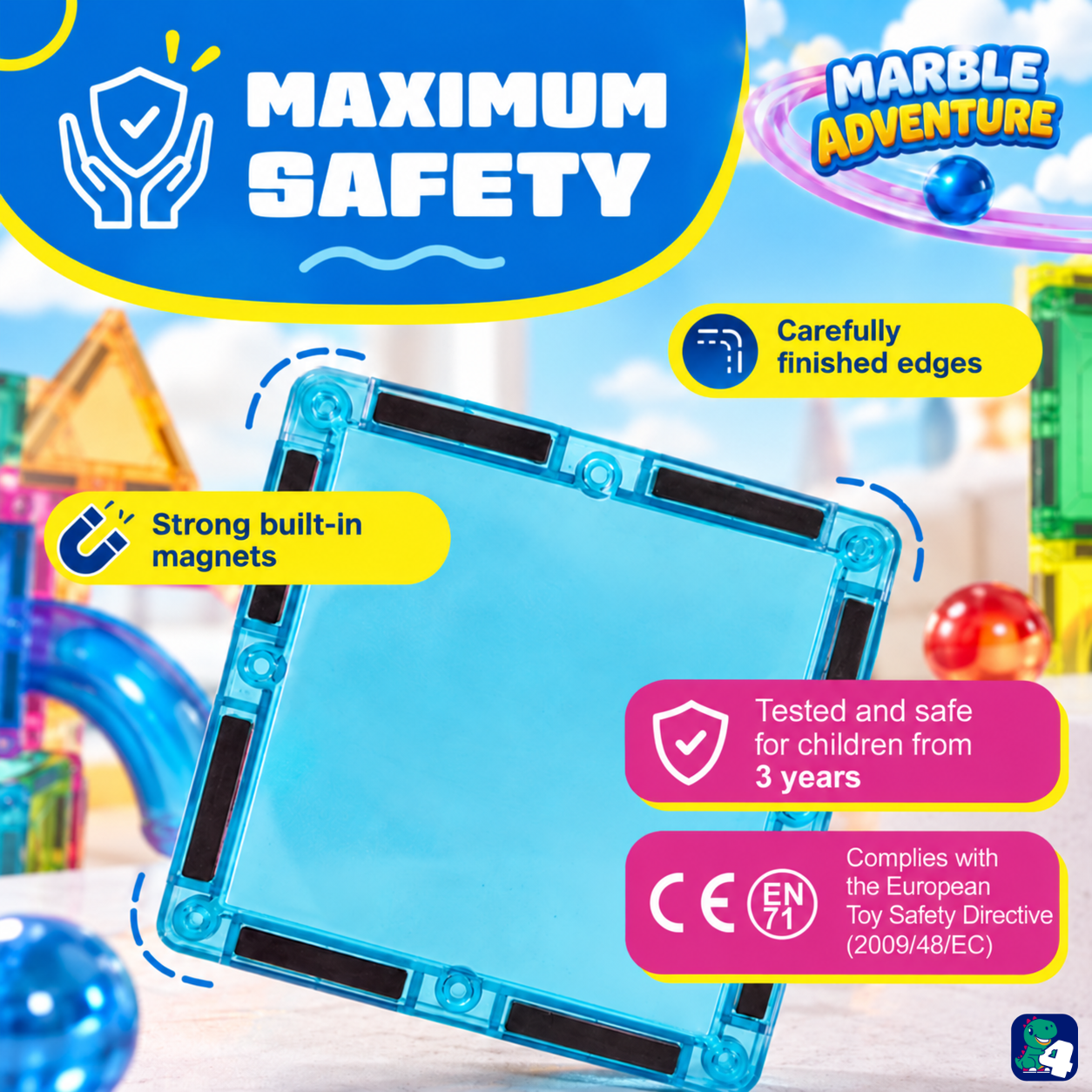 Sicherheit von Magnetic Tiles Marble Adventure: eingeschlossene Magnete, abgerundete Kanten und CE-Kennzeichnung