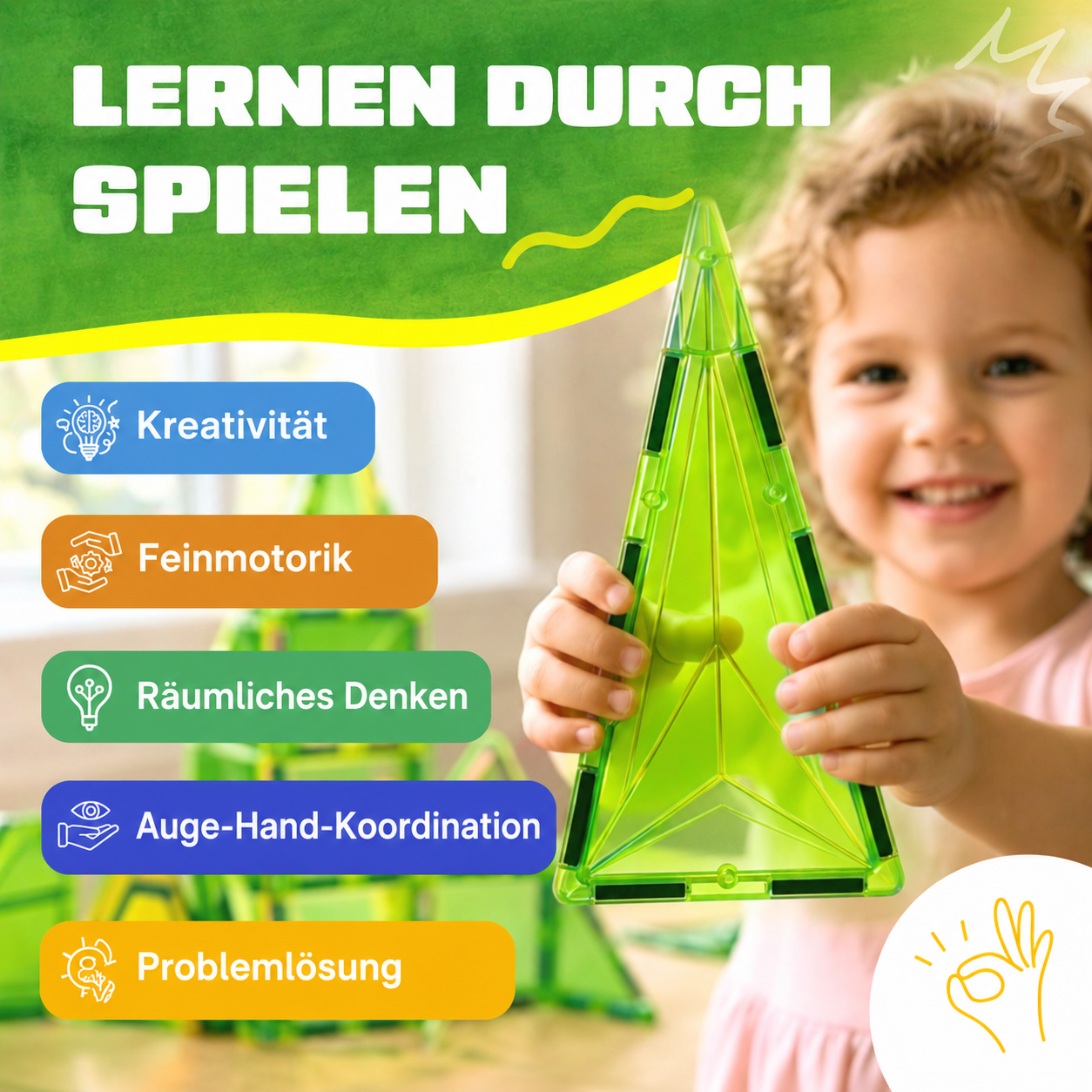 Kind spielt mit den magnetischen Bausteinen Bauen & Mehr: gut für Kreativität, Feinmotorik und räumliches Denken