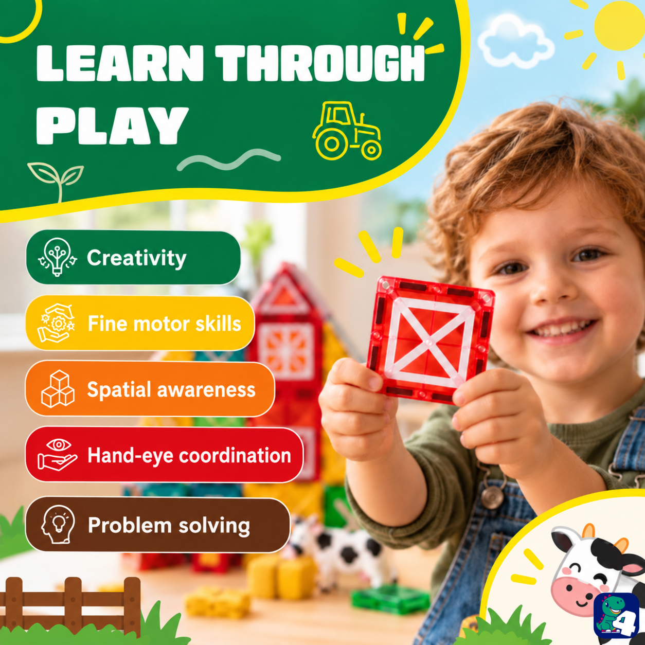 Kind spielt mit Magnetic Tiles Farmyard Frenzy: gut für Kreativität, Feinmotorik und räumliches Vorstellungsvermögen