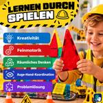Kind spielt mit den magnetischen Bausteinen Bau-Meister: gut für Kreativität, Feinmotorik und räumliches Denken