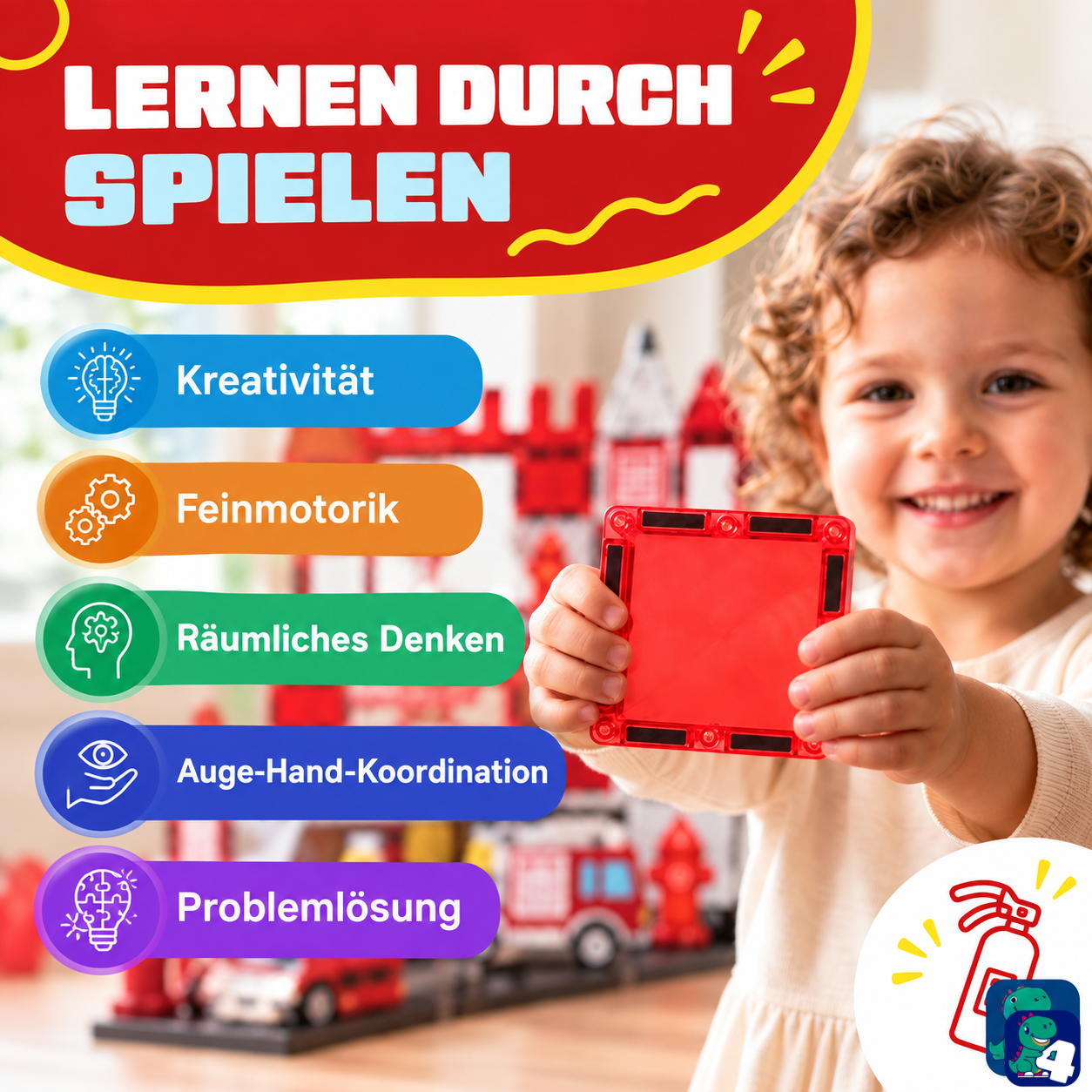 Kind spielt mit den magnetischen Bausteinen Feuerwehr: gut für Kreativität, Feinmotorik und räumliches Denken