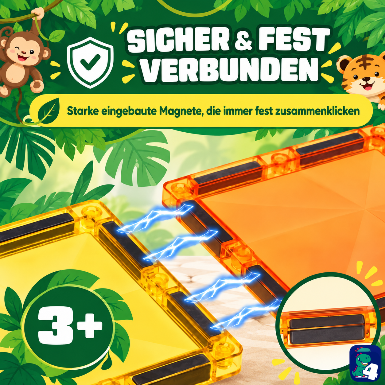 Starke eingebaute Magnete halten die magnetischen Bausteine Dschungelreise fest zusammen, ab 3 Jahren