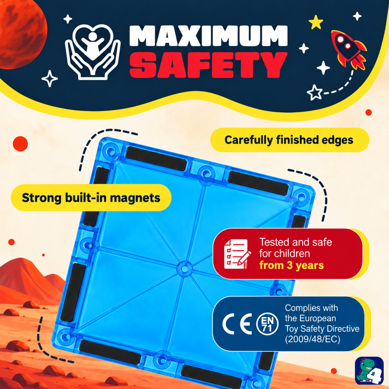 Sicherheit von Magnetic Tiles Mission to Mars: eingeschlossene Magnete, abgerundete Kanten und CE-Kennzeichnung