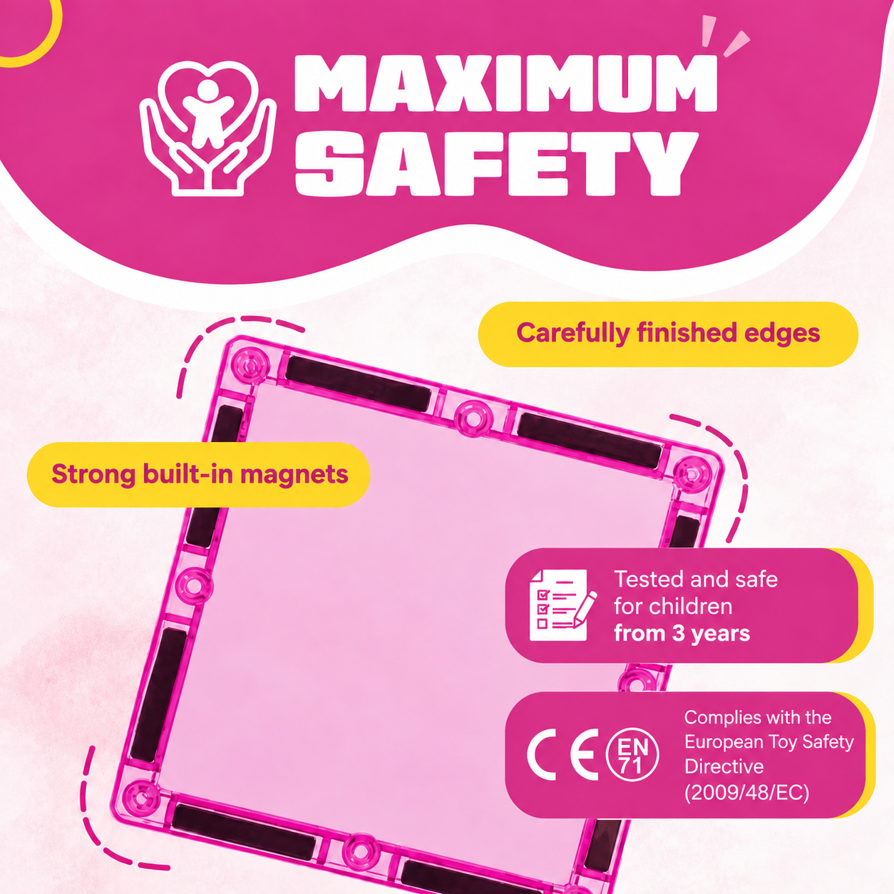 Sicherheit von Magnetic Tiles Princess Paradise: eingeschlossene Magnete, abgerundete Kanten und CE-Kennzeichnung