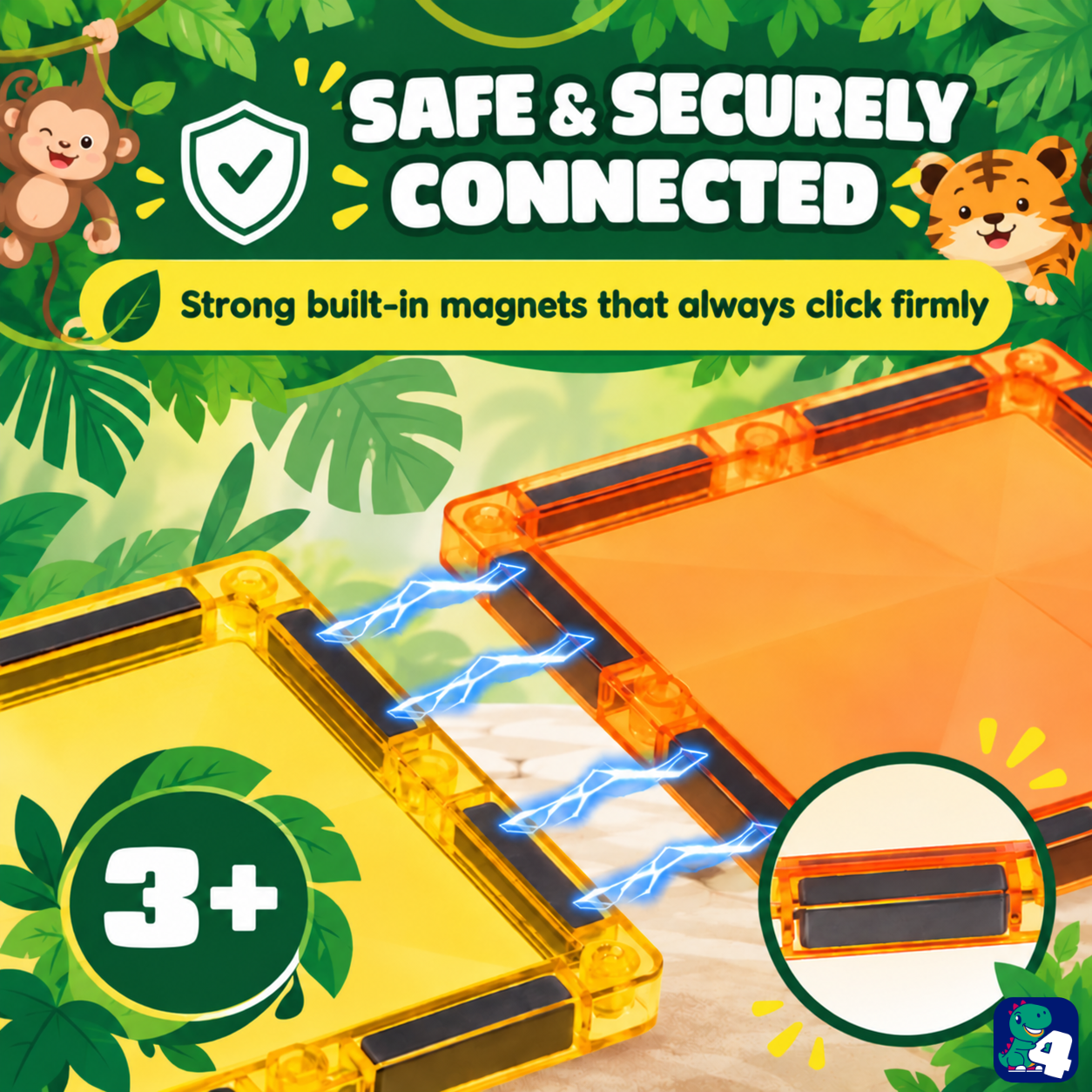 Starke eingebaute Magnete klicken die Magnetic Tiles Jungle Journey Teile fest zusammen, ab 3 Jahren
