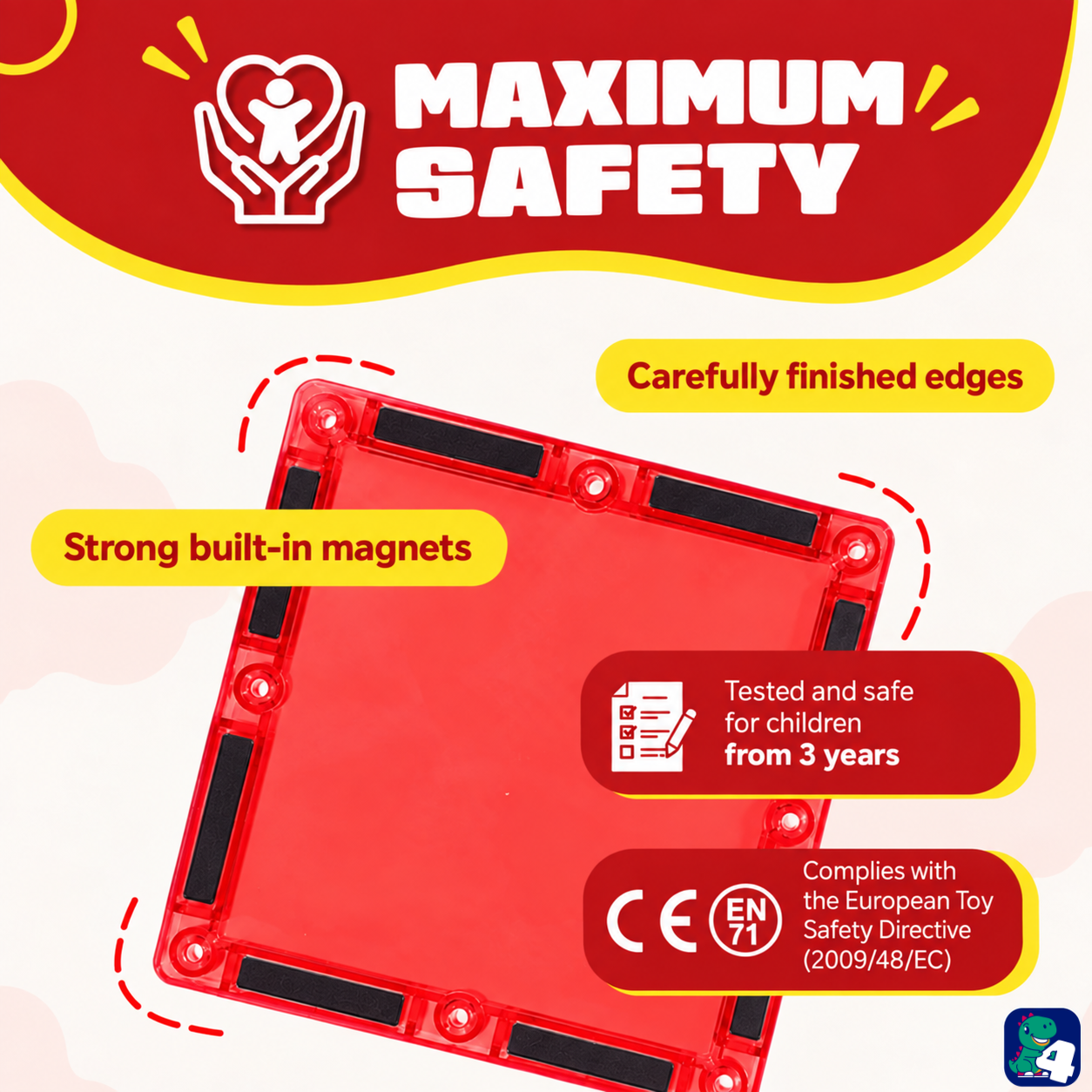 Sicherheit von Magnetic Tiles Fire Fighters: eingeschlossene Magnete, abgerundete Kanten und CE-Kennzeichnung