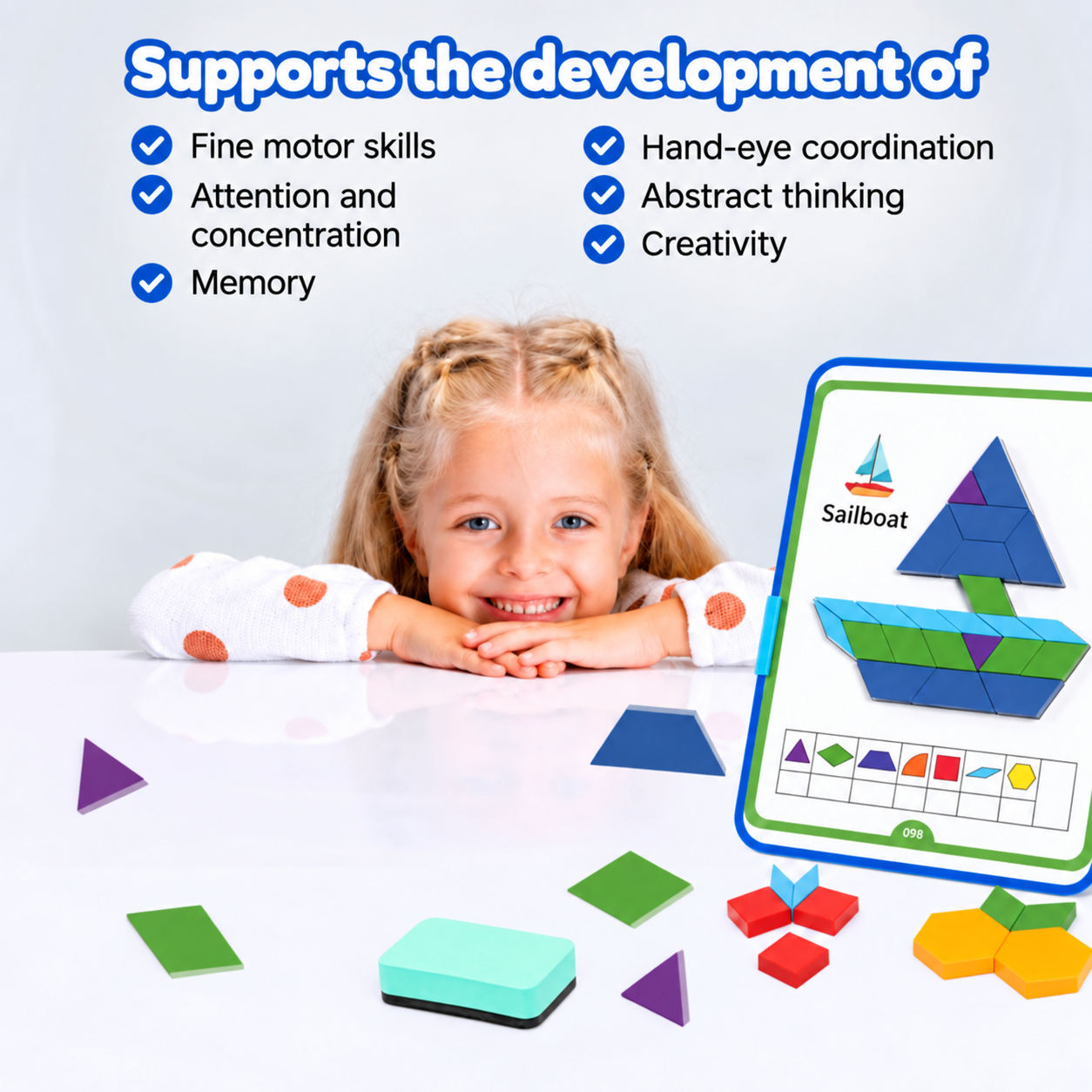 Enfant jouant avec Magnetic Tiles Tangram Tactician : soutient la motricité fine, la concentration et la créativité