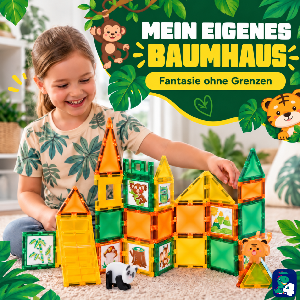 Kind baut ein Baumhaus mit den magnetischen Bausteinen Dschungelreise