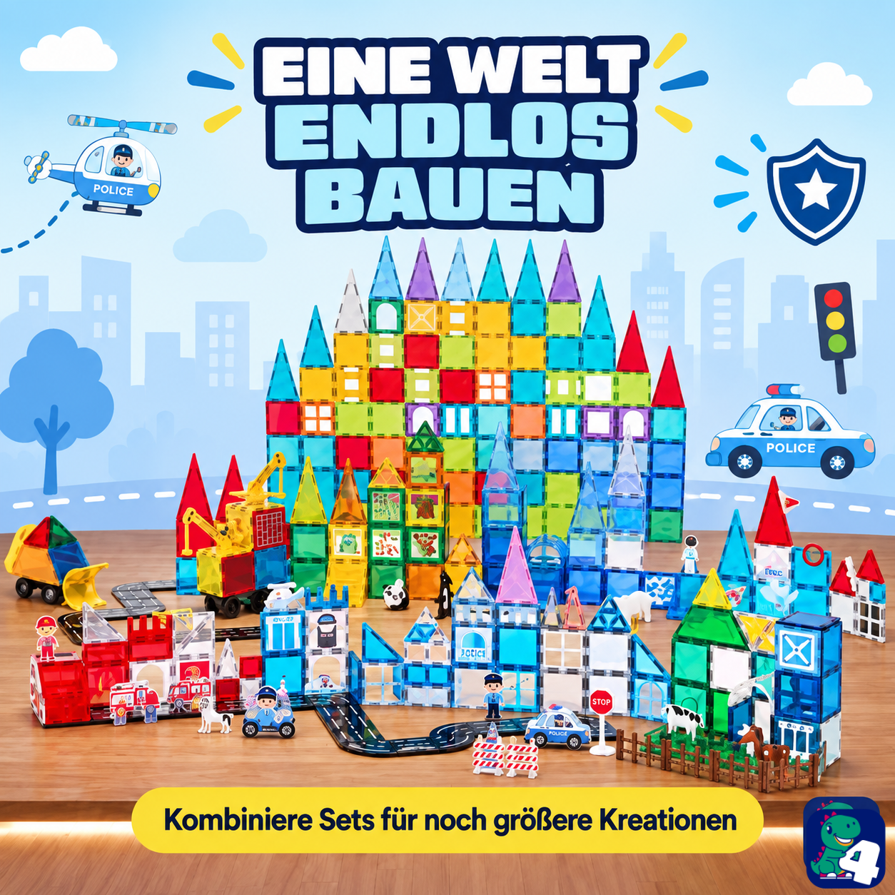 Große Bauwelt: die magnetischen Bausteine Polizeipatrouillen-Hauptquartier mit anderen Sets kombinieren