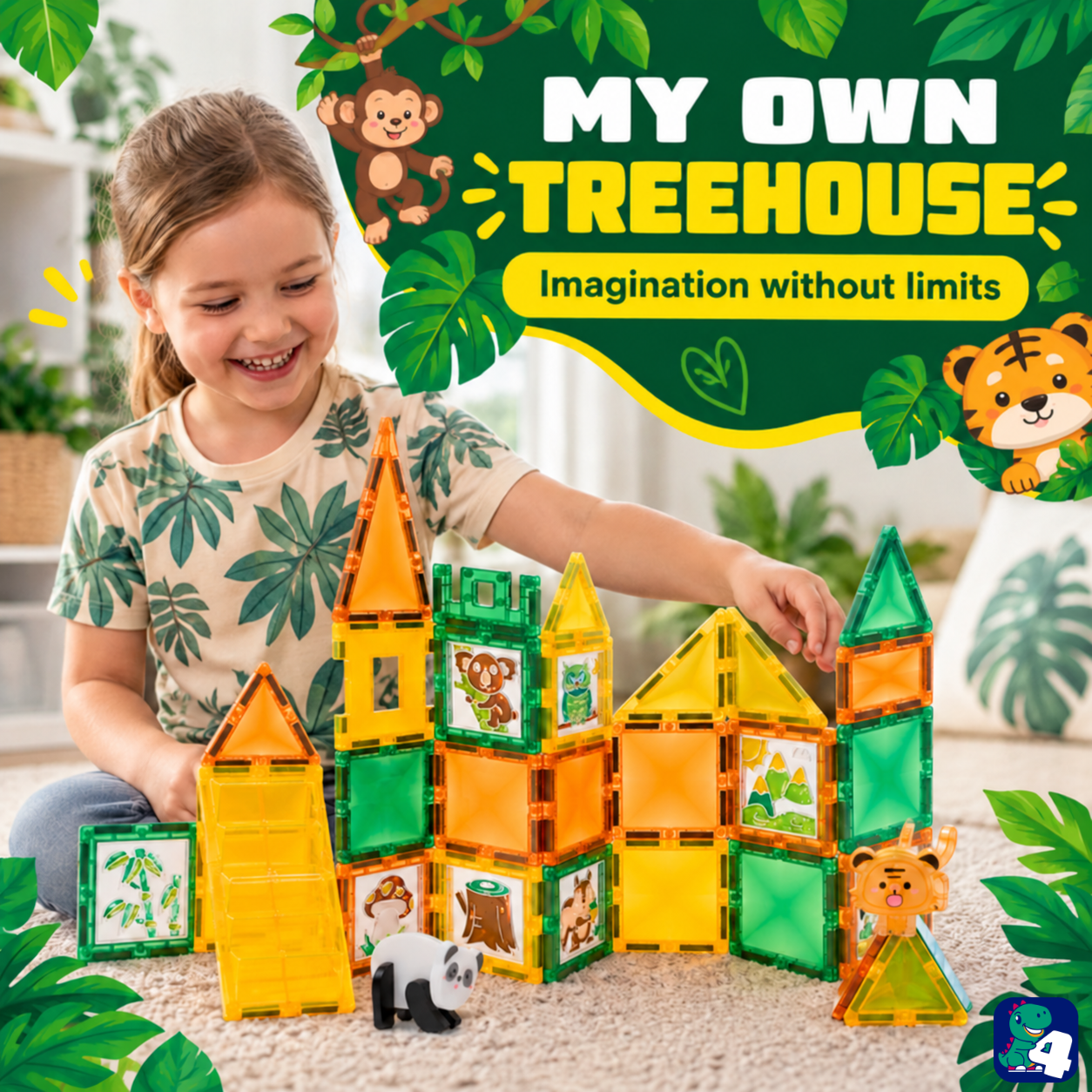 Kind baut ein Baumhaus mit Magnetic Tiles Jungle Journey