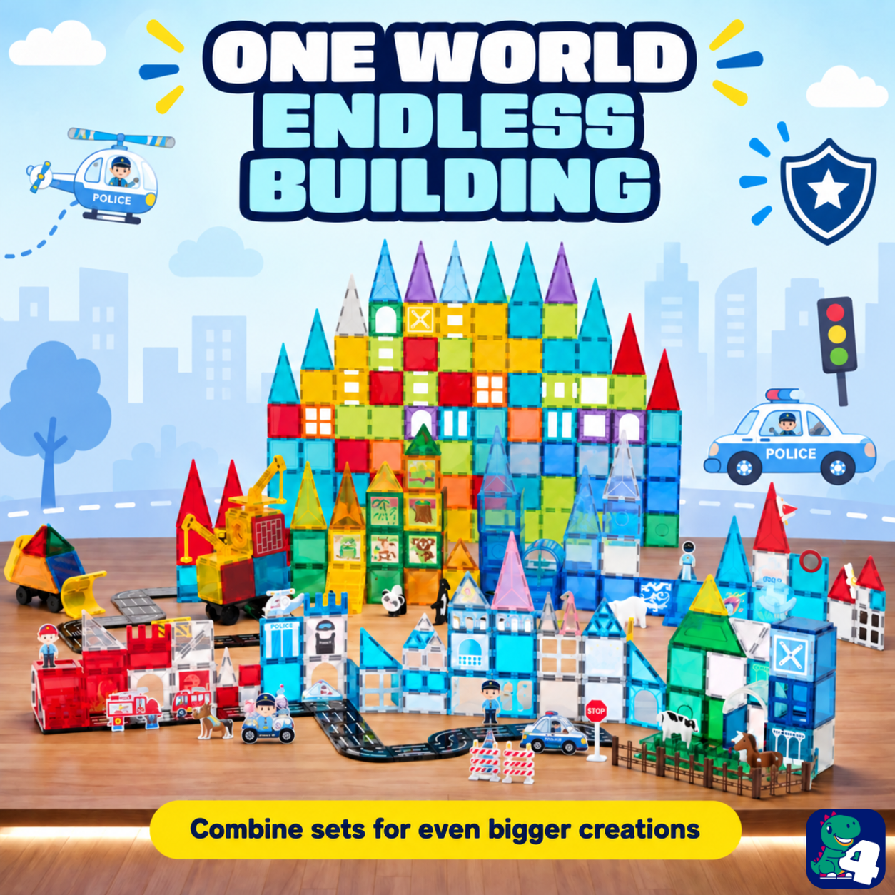 Große Bauwelt: kombiniere Magnetic Tiles Police Patrol HQ mit anderen Sets