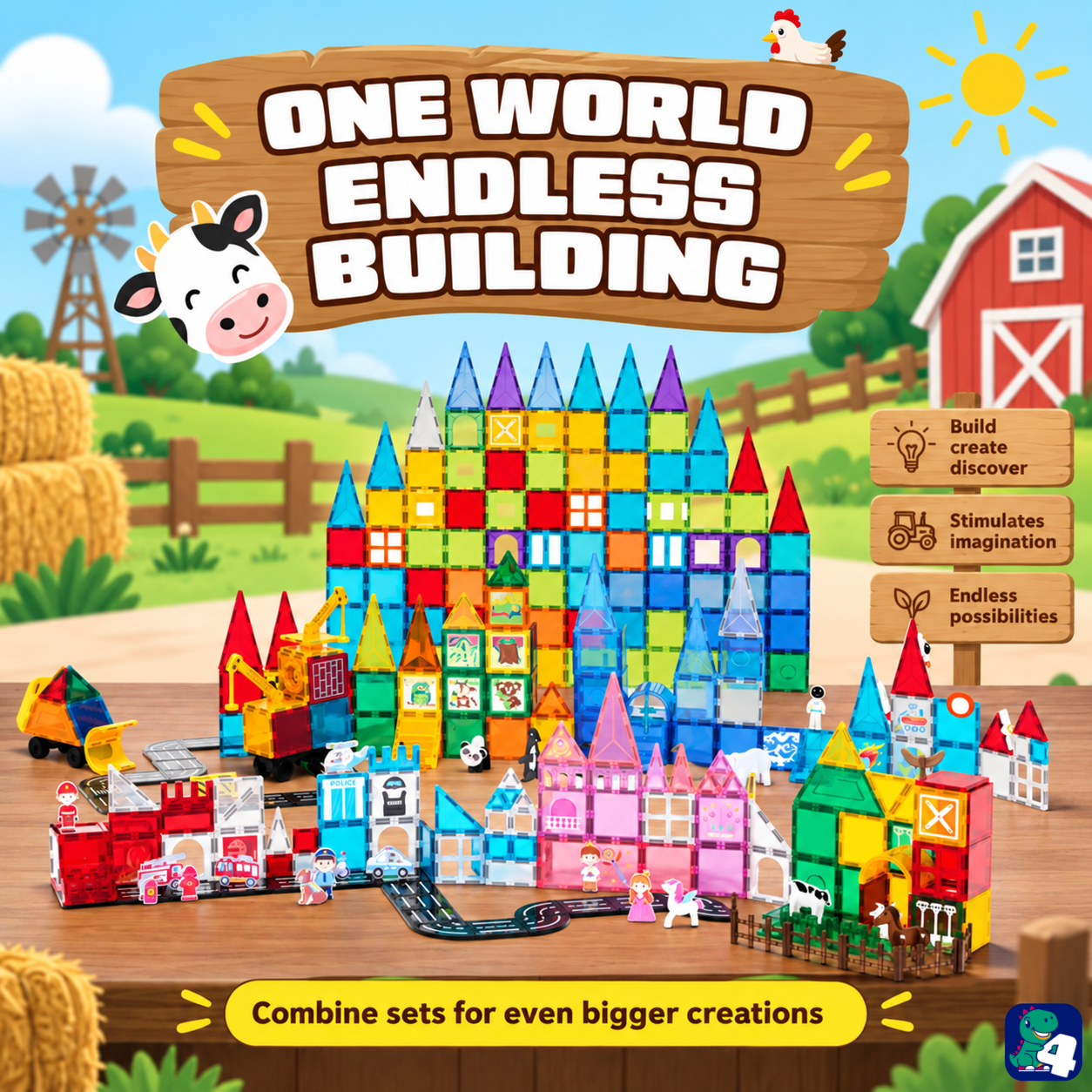 Große Bauwelt: Kombiniere Magnetic Tiles Farmyard Frenzy mit anderen Sets