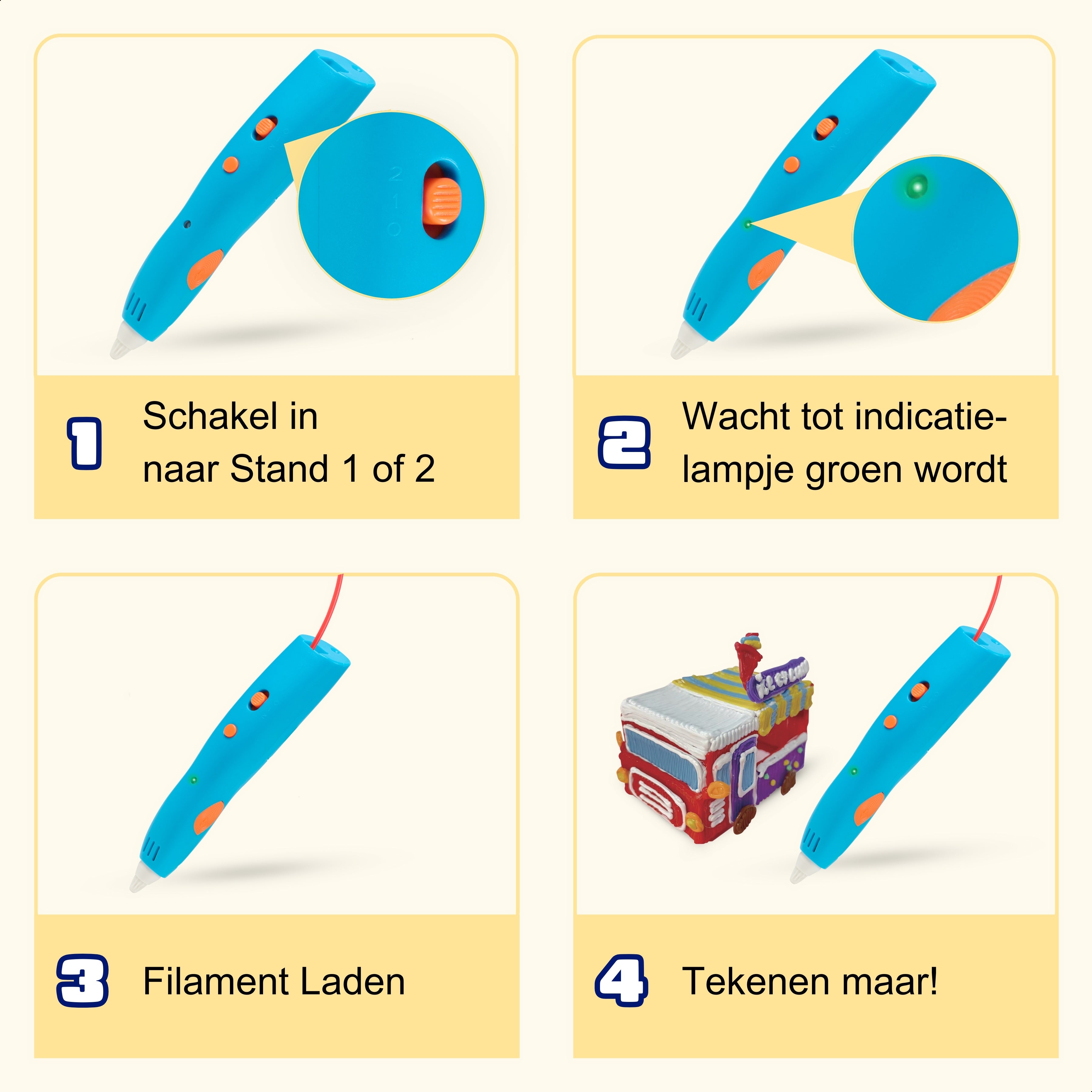 Stap voor stap gebruiksaanwijzing van de blauwe 3D Pen Race Kit van Fits4Kids