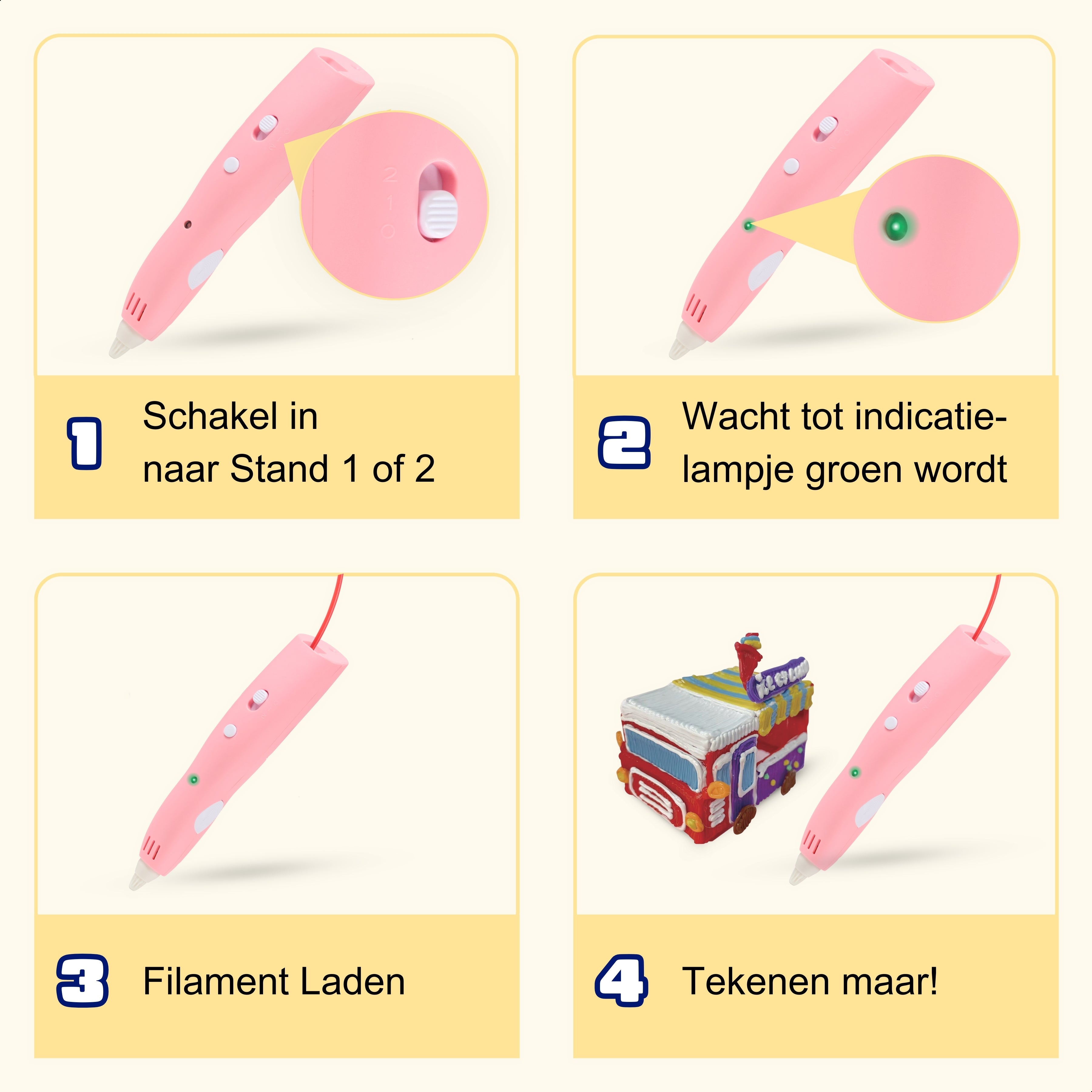 Stap voor stap gebruiksaanwijzing van de roze 3D Pen Race Kit van Fits4Kids