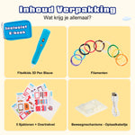 Overzicht van de inhoud van de blauwe 3D Pen Race Kit van Fits4Kids