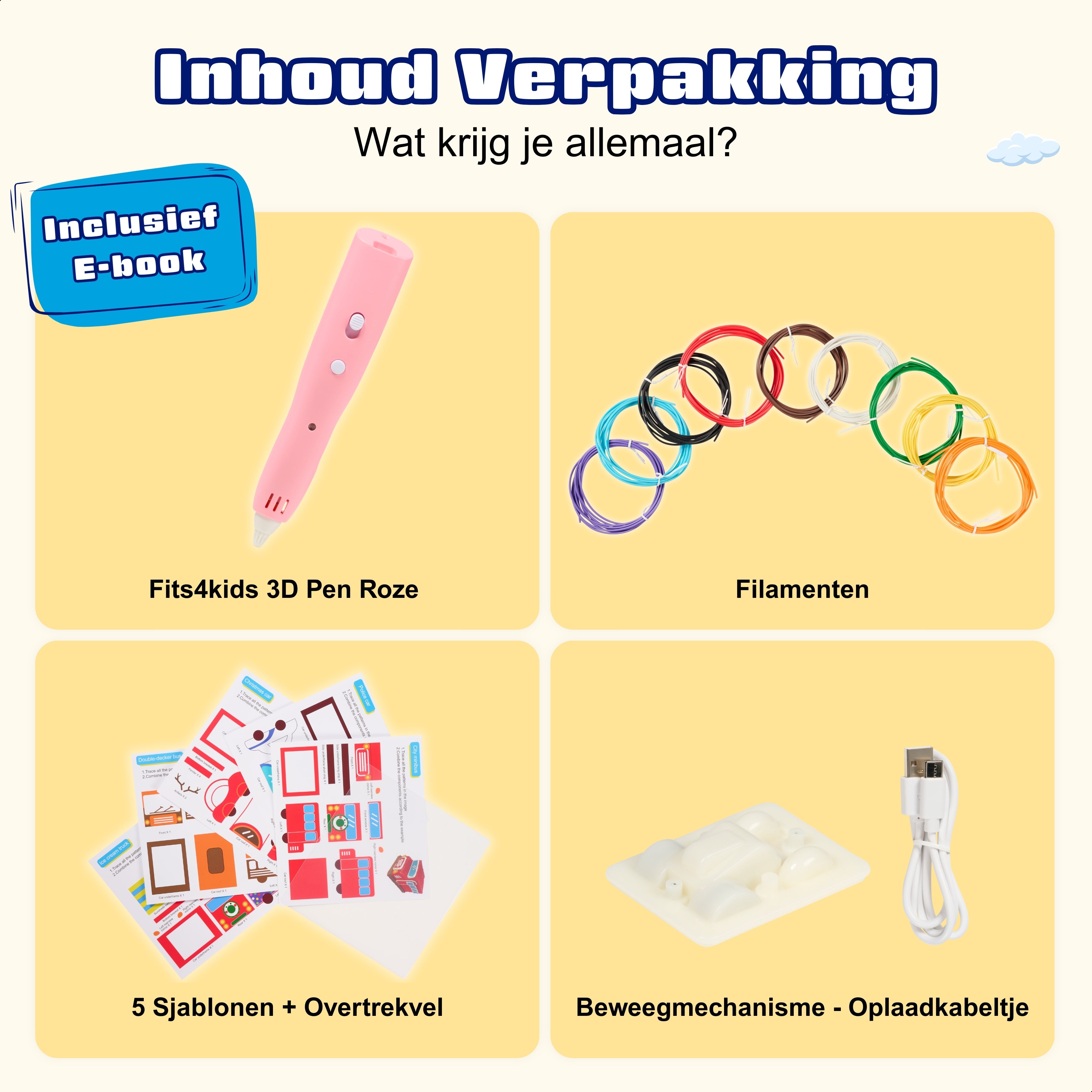 Overzicht van de inhoud van de 3D Pen Race Kit van Fits4Kids