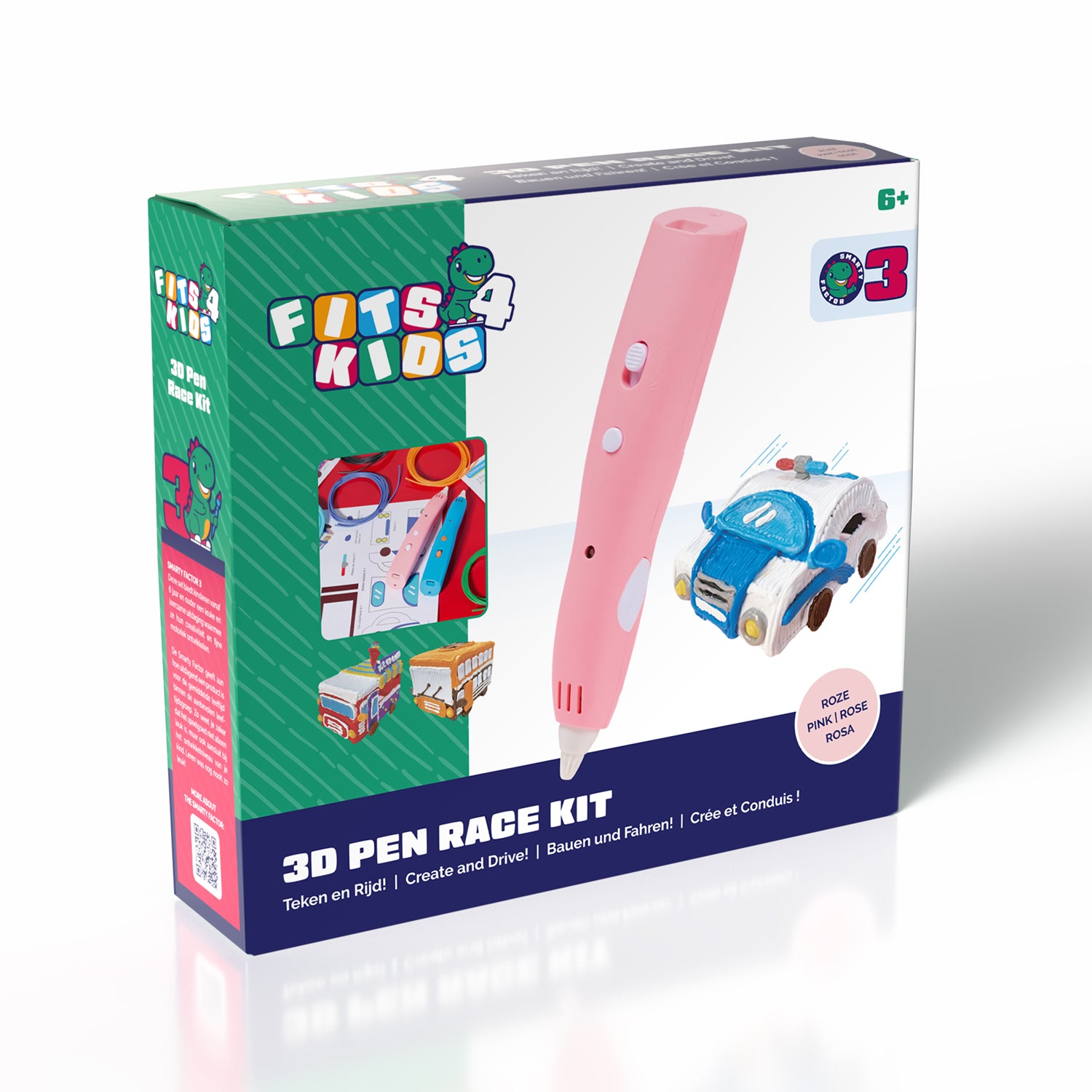 Verpakking van de roze 3D Pen Race Kit van Fits4Kids voor kinderen vanaf 6 jaar