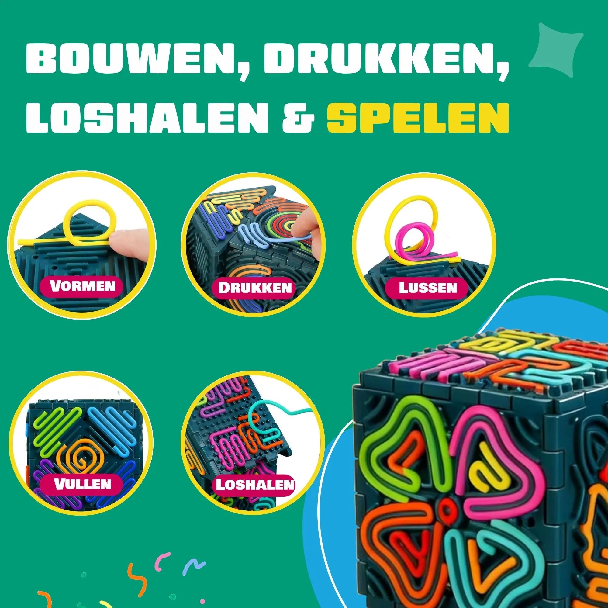 Bouwen drukken loshalen en spelen met de Fidget Draden bouwset van Fits4Kids