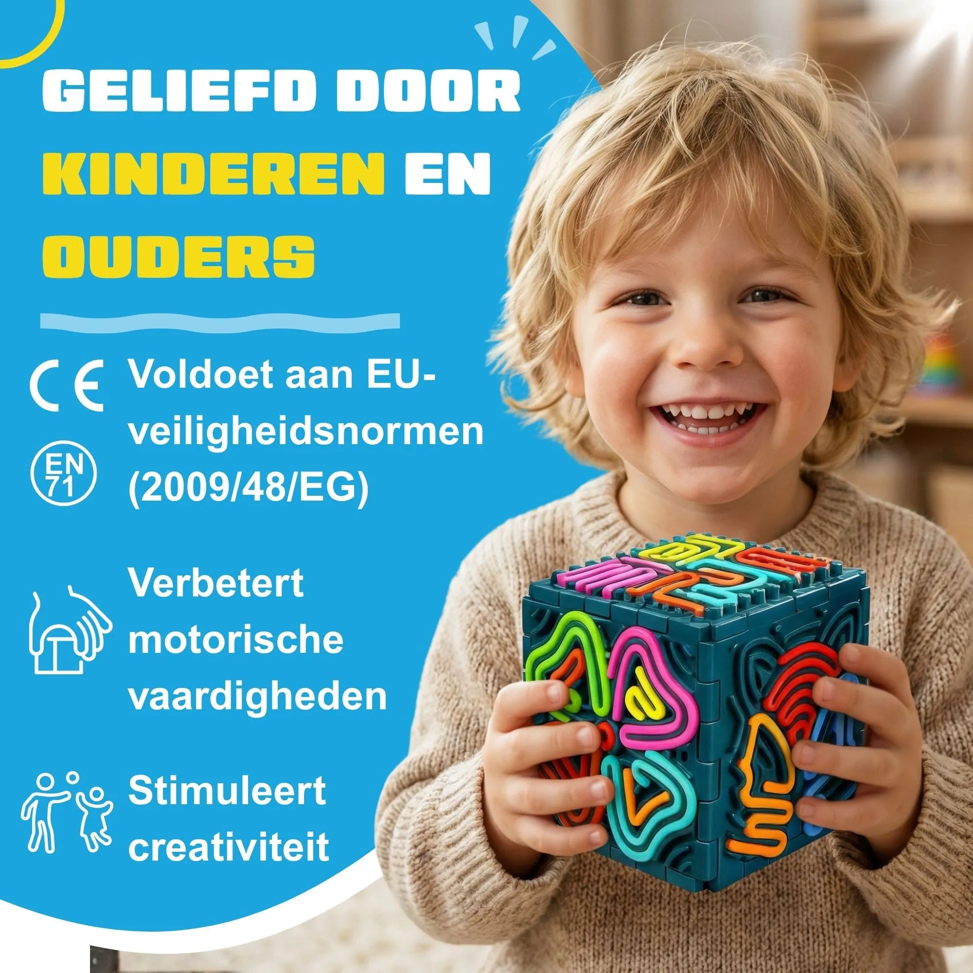 Kind speelt vrolijk met Fidget Draden bouwset van Fits4Kids veilig gecertificeerd volgens EU-normen
