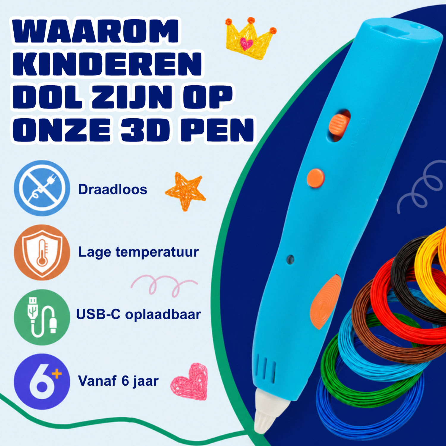 Warum Kinder den kabellosen 3D-Stift (blau) lieben: kabellos, niedrige Temperatur, USB-C-Aufladung, ab 6 Jahren