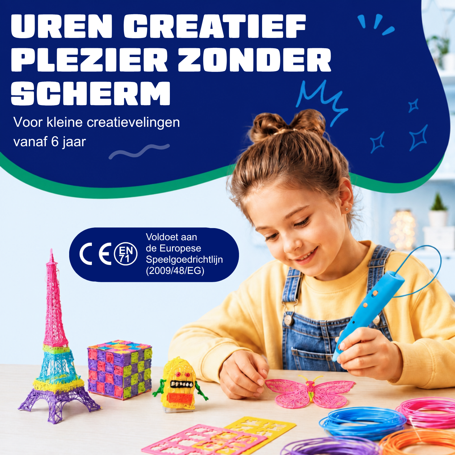 Maedchen baut eine 3D-Figur mit dem kabellosen 3D-Stift (blau)