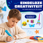 Junge zeichnet mit dem kabellosen 3D-Stift (blau) auf einer Vorlage