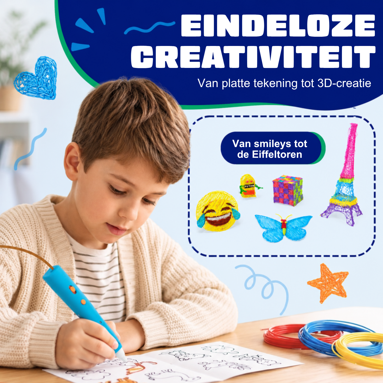 Junge zeichnet mit dem kabellosen 3D-Stift (blau) auf einer Vorlage