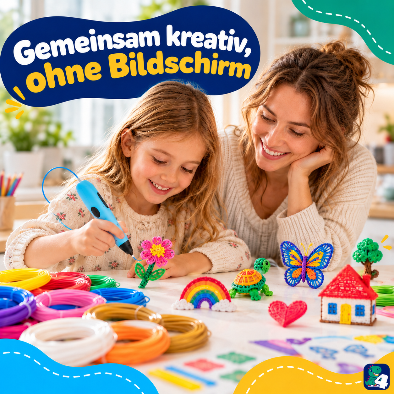 Mutter und Kind zeichnen gemeinsam mit dem 3D-Stift