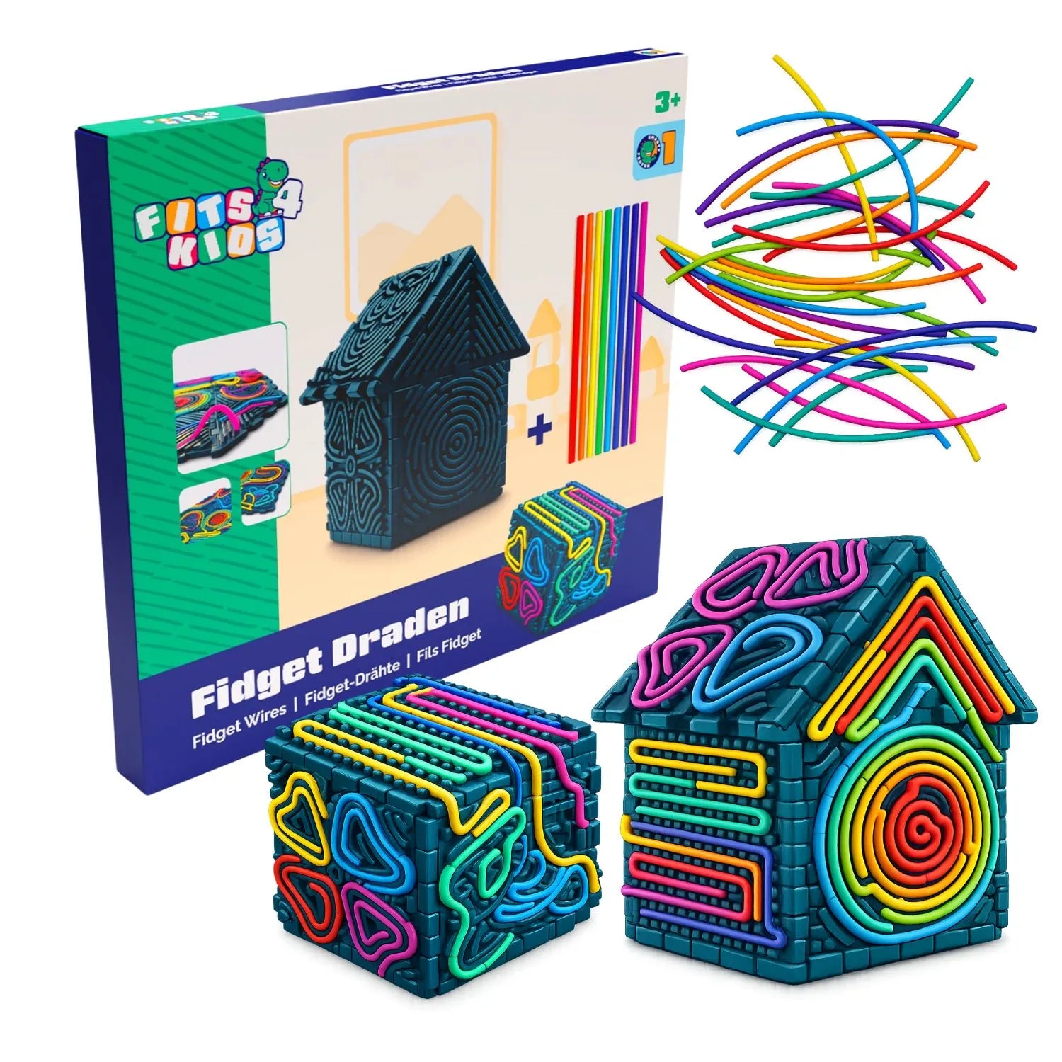 Verpakking van de Fidget Draden bouwset van Fits4Kids met patronen en kleurrijke draadjes